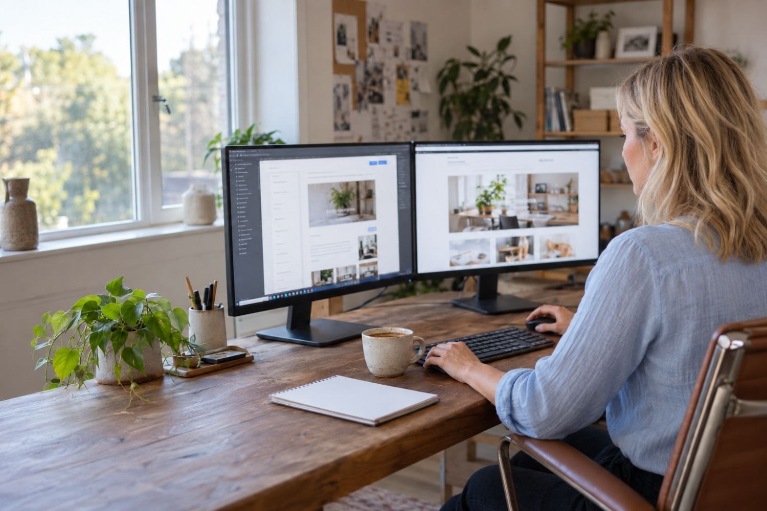 Vrouw werkt aan een website op twee beeldschermen aan een houten bureau bij het raam