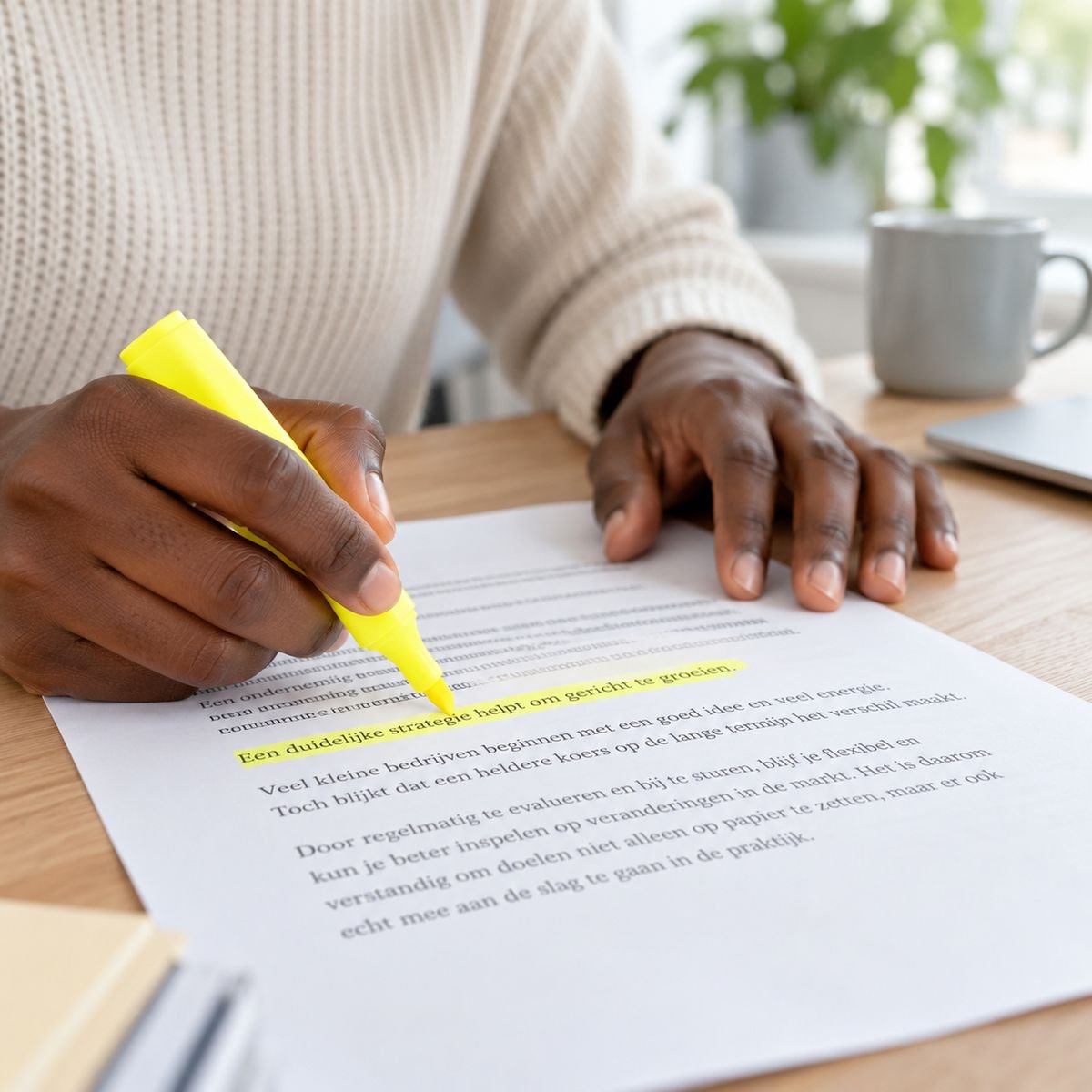Handen strepen met een gele markeerstift een zin aan in een geprinte tekst
