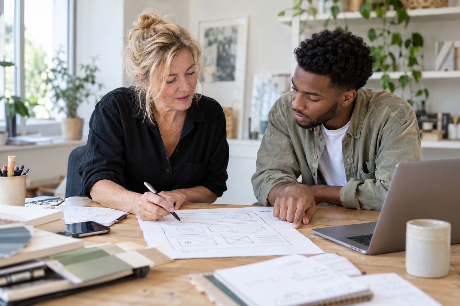 Twee mensen kijken samen naar een schets van een website op tafel