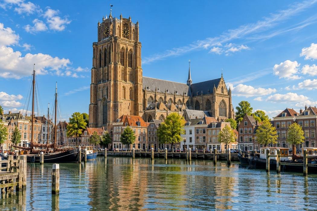 Illustratie van de Grote Kerk van Dordrecht aan het water