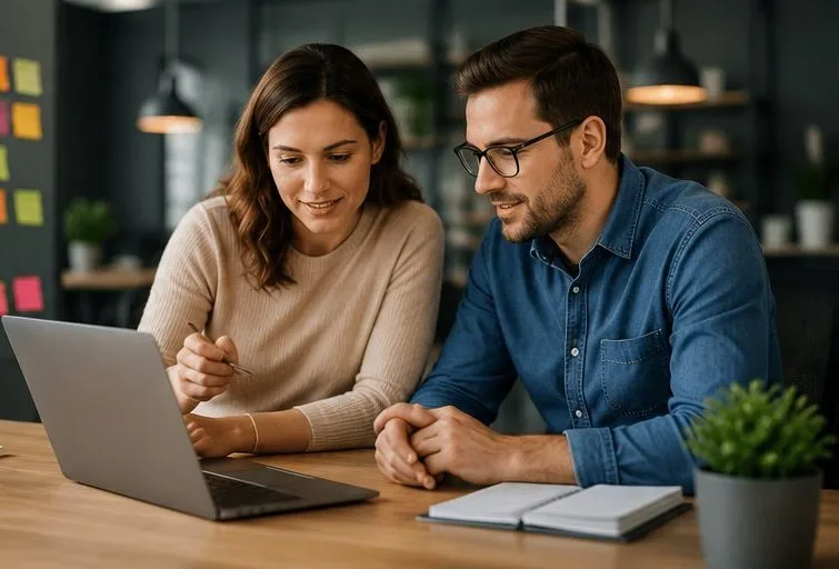 Twee ondernemers verbeteren samen de openingszin van hun homepage tijdens een overleg